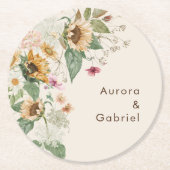 Landelijke zonnebloem beige bruiloft papieren coas ronde kartonnen onderzetter (Voorkant)