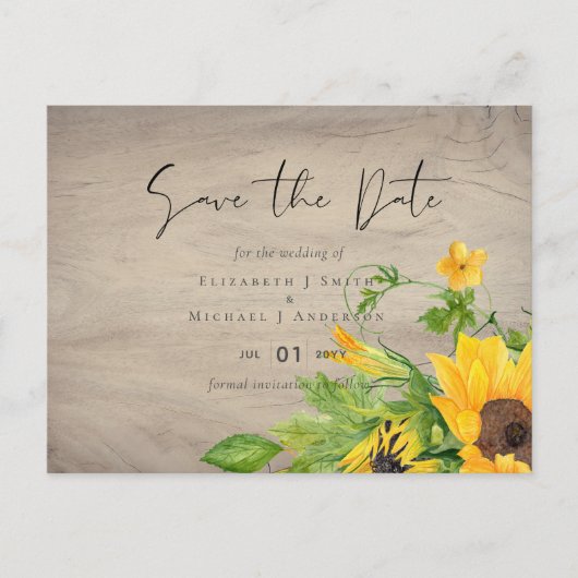 Landelijke Zonnebloem Bosbruiloft Save the Date Briefkaart (Voorkant)