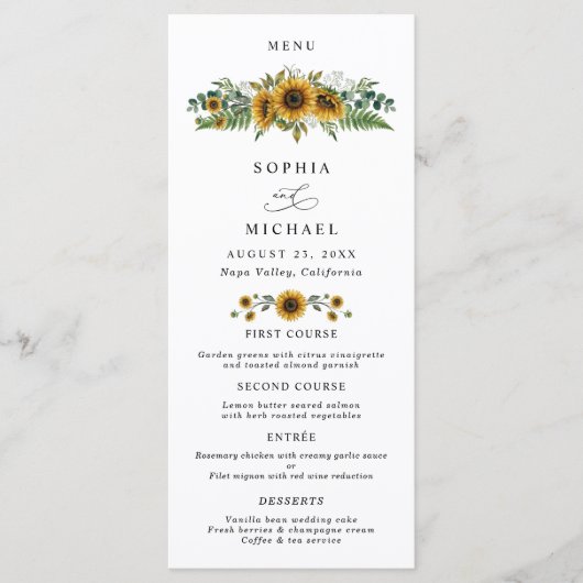 Landelijke Zonnebloem Bruiloft Menu (Voorkant)