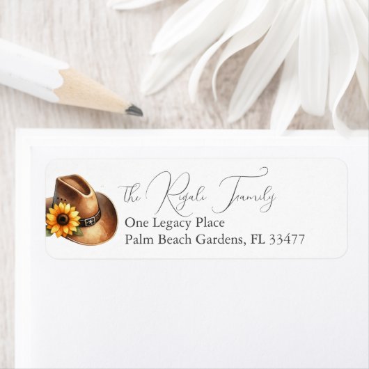 Landelijke zonnebloem cowboyhoed retouradres etiket (Insitu)