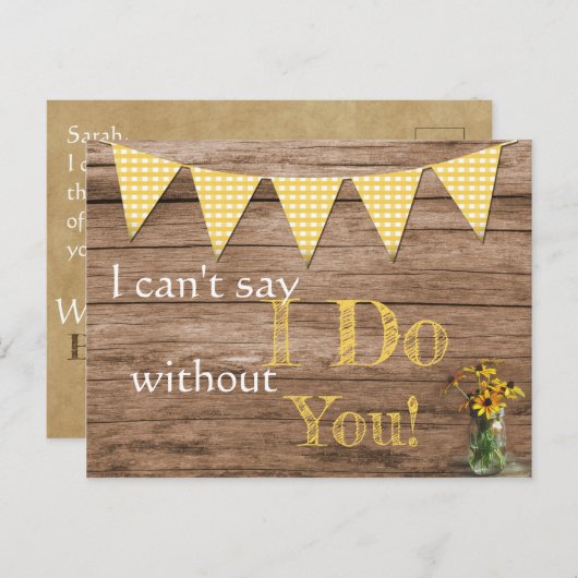 Landelijke zonnebloem en geruit bruidsmeisje uitno uitnodiging briefkaart (Voorkant / Achterkant)