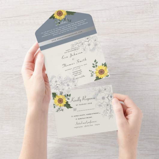 Landelijke Zonnebloem en Stofblauw Bruiloft All In One Uitnodiging (Afscheurbaar)