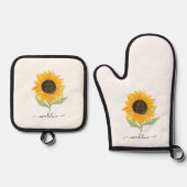 Landelijke Zonnebloem Persoonlijke Naam Script Ovenwant & Pannenlap Set (Voorkant)