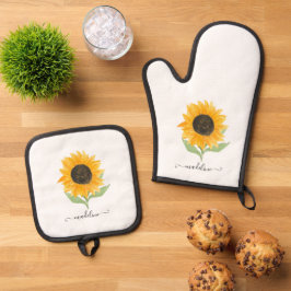 Landelijke Zonnebloem Persoonlijke Naam Script Ovenwant & Pannenlap Set