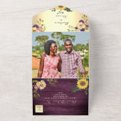 Landelijke Zonnebloem Rustieke Paarse Bruiloft All In One Uitnodiging (Buitenkant)