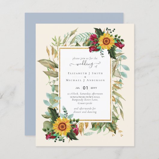 Landelijke Zonnebloemen Bourgondiërozen Bruiloft (Voorkant / Achterkant)