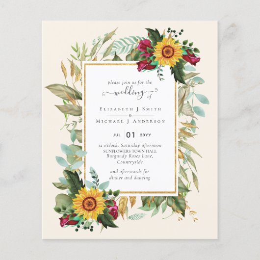 Landelijke Zonnebloemen Bourgondiërozen Bruiloft (Voorkant)