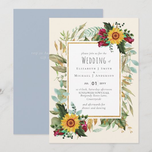 Landelijke zonnebloemen Bourgondische rozen bruilo (Voorkant / Achterkant)