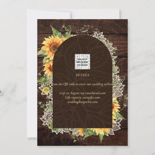 Landelijke zonnebloemen en kant trouwkaart Save th Kaart (Achterkant)