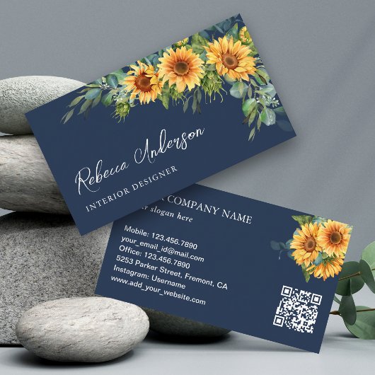 Landelijke Zonnebloemen Eucalyptus Marineblauw QR Visitekaartje