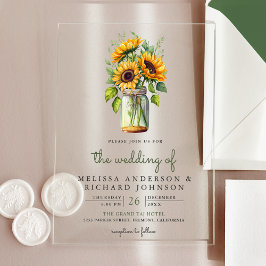 Landelijke zonnebloemen glazen bruiloft acryl uitnodigingen