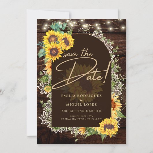 Landelijke zonnebloemen lichten kant boog bruiloft kaart (Voorkant)