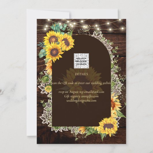 Landelijke zonnebloemen lichten kant boog bruiloft kaart (Achterkant)