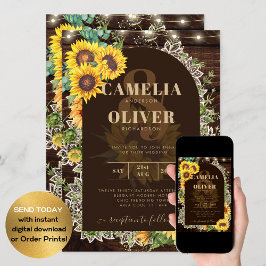 Landelijke zonnebloemen lichten kant boog bruiloft kaart