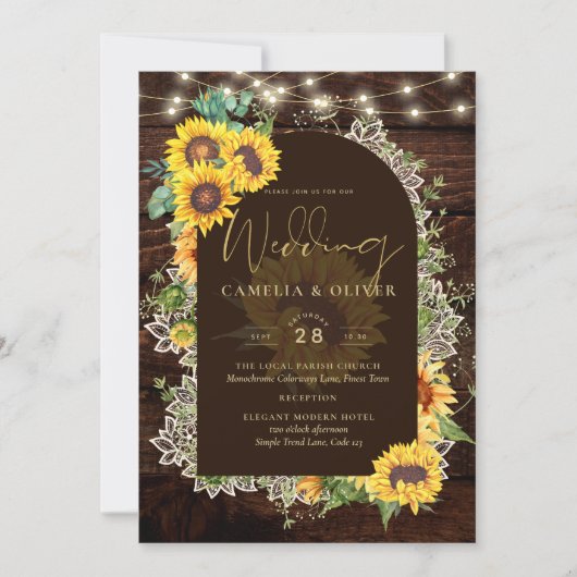 Landelijke zonnebloemen lichten kant boog bruiloft kaart (Voorkant)