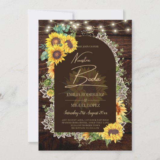 Landelijke zonnebloemen lichten kant boog bruiloft kaart (Voorkant)