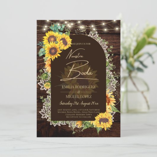 Landelijke zonnebloemen lichten kant boog bruiloft kaart (Staand voorkant)