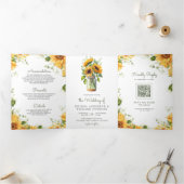 Landelijke zonnebloemen meten pot QR-code bruiloft Drieluik Uitnodiging (Binnen)