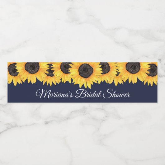 Landelijke zonnebloemen Navy Blauwe Bruiloft Waterfles Etiket (Enkel label)
