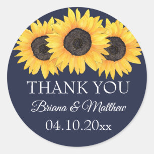 Landelijke zonnebloemen op blauwe trouwfavor stick ronde sticker