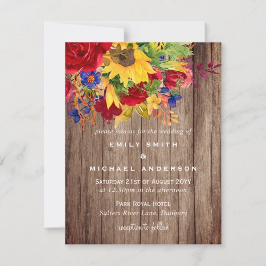 Landelijke zonnebloemen rode rozen houten trouwkaa feestdagenkaart (Voorkant)