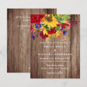 Landelijke zonnebloemen rode rozen houten trouwkaa feestdagenkaart (Voorkant / Achterkant)