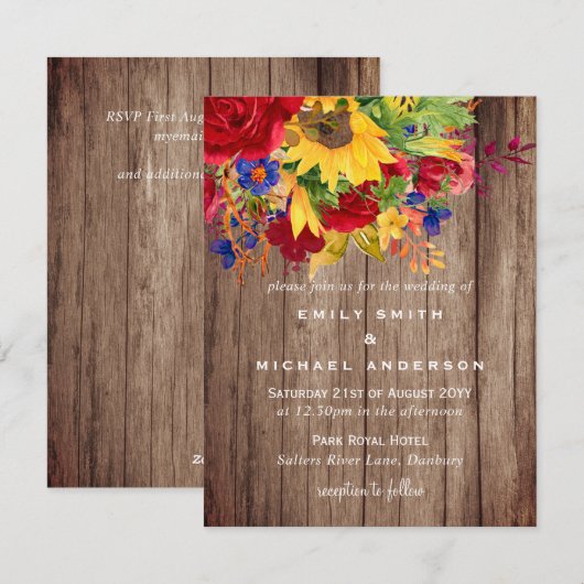 Landelijke zonnebloemen rode rozen houten trouwkaa feestdagenkaart (Voorkant / Achterkant)