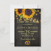 Landelijke zonnebloemen schuren hout met uitzonder save the date (Voorkant)