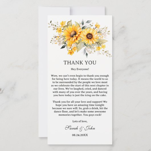 Landelijke Zonneschijn Huwelijksfeest Tafels Bedankkaart (Voorkant)