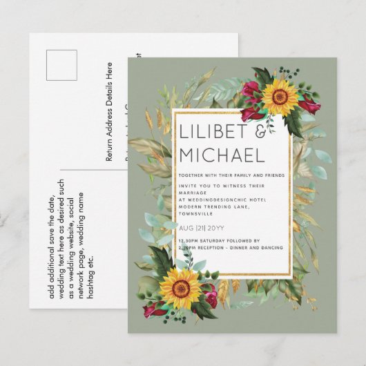 Landelijke zonnestralen burgundyrozen bruiloft briefkaart (Voorkant / Achterkant)