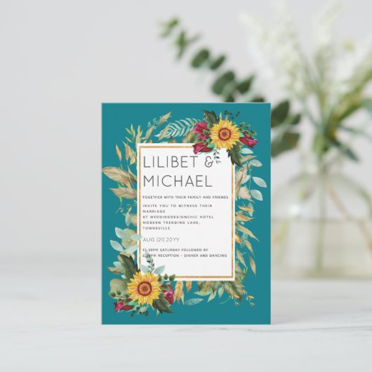 Landelijke zonnestralen burgundyrozen bruiloft briefkaart (Staand voorkant)