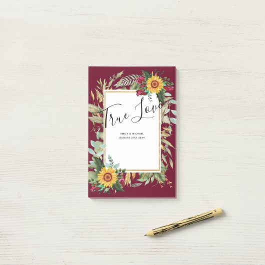 Landelijke zonnestralen burgundyrozen bruiloft post-it® notes (Op bureau)