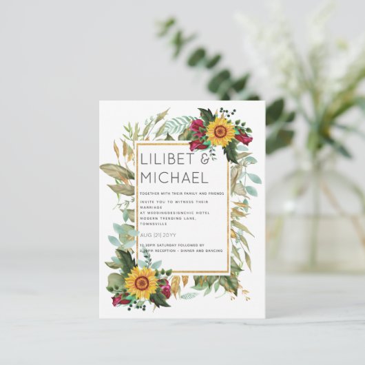 Landelijke zonnestromen bordeauxrozen bruiloft briefkaart (Staand voorkant)