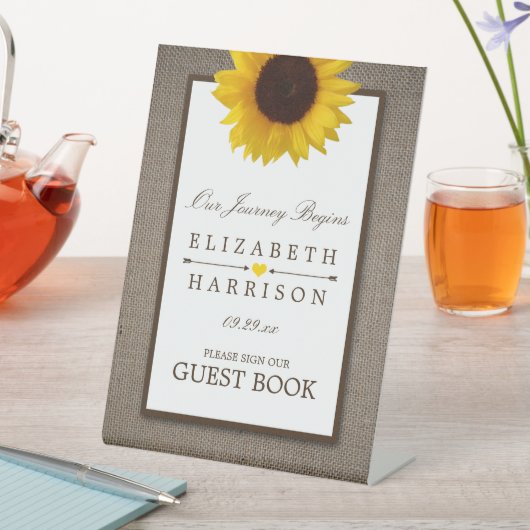 Landelijke zonnestroombloem & jute bruiloft reclamebord met voetstuk (Insitu)
