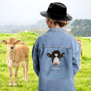 Landelijke zwart-wit koeiengezicht denim jacket
