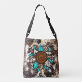 Landenblad koeienhuid Print Turquoise Flower Crossbody Tas (Achterkant)