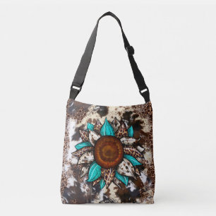 Landenblad koeienhuid Print Turquoise Flower Crossbody Tas