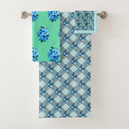 Landenblauw Gingham Bouquet Patroonhanddoekset Bad Handdoek