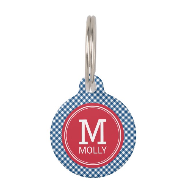 Landenblauw Gingham Monogram personaliseren Huisdierpenning (Voorkant)