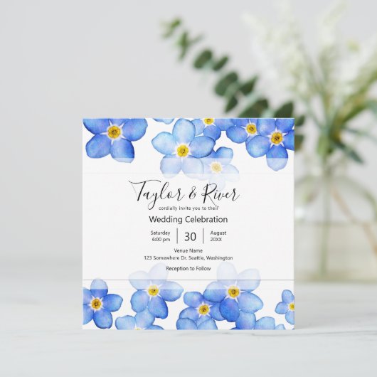 Landenblauw vergeet-me-nots bruiloft kaart (Staand voorkant)