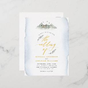 Landenblauwe Waterverf en berghuwelijk Folie Uitnodiging Briefkaart