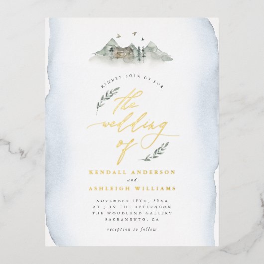 Landenblauwe Waterverf en berghuwelijk Folie Uitnodiging Briefkaart (Voorkant)