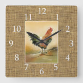 Landenboerderij Rooster Rustic Burlap Jute Vierkante Klok (Voorkant)