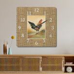 Landenboerderij Rooster Rustic Burlap Jute Vierkante Klok<br><div class="desc">Farmhouse kitchen rooster clock with a rustic burlap texture background.</div>