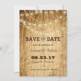 Landenbruiloft Sparen de Datum met lichten op hout Save The Date