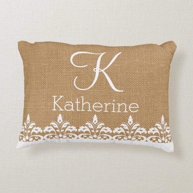 Landenburlap en monogram witte dampvlek decoratief kussen (Achterkant)