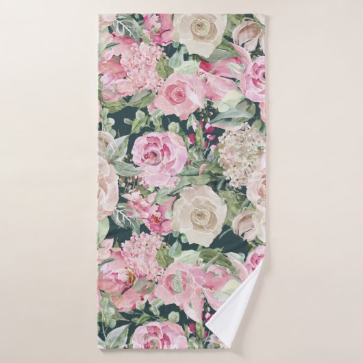 Landenchic elegant gable green roze ivoor floral badhanddoek (Badhanddoek)