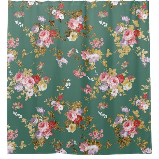 Landenchic forest green roze goureuze elegant flor douchegordijn (Voorkant)