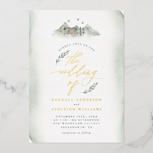 Landengroene Waterverf Leidingen en Bergbruiloft Folie Uitnodiging (Voorkant)