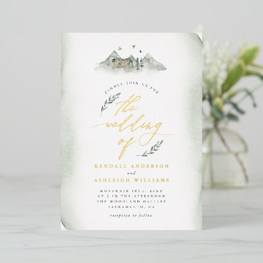 Landengroene Waterverf Leidingen en Bergbruiloft Folie Uitnodiging (Staand Voorkant)